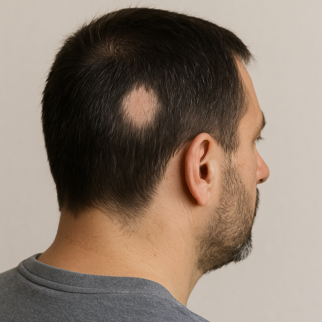hombre con un parche de alopecia areata en la cabeza