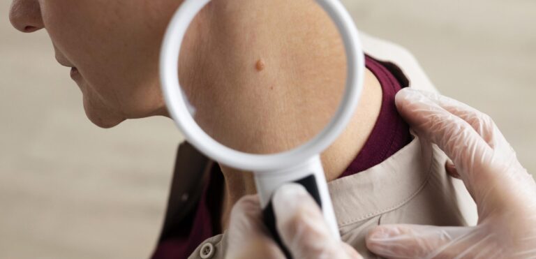Médico examina lunar en paciente.