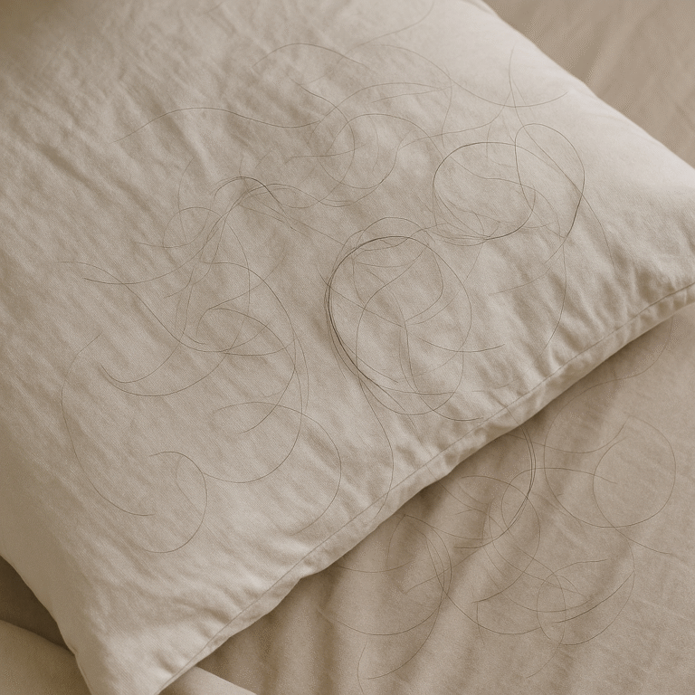 Cabellos caídos sobre una almohada blanca, imagen cotidiana que ilustra la caída capilar leve por efluvio telogénico.