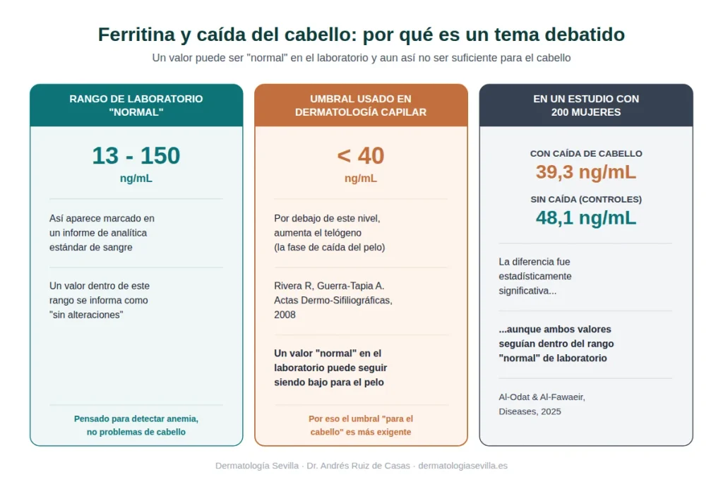 Infografía que compara el rango de laboratorio de la ferritina (13-150 ng/mL), el umbral usado en dermatología capilar (menos de 40 ng/mL) y los valores medios de ferritina en mujeres con y sin caída de cabello en un estudio de 200 mujeres